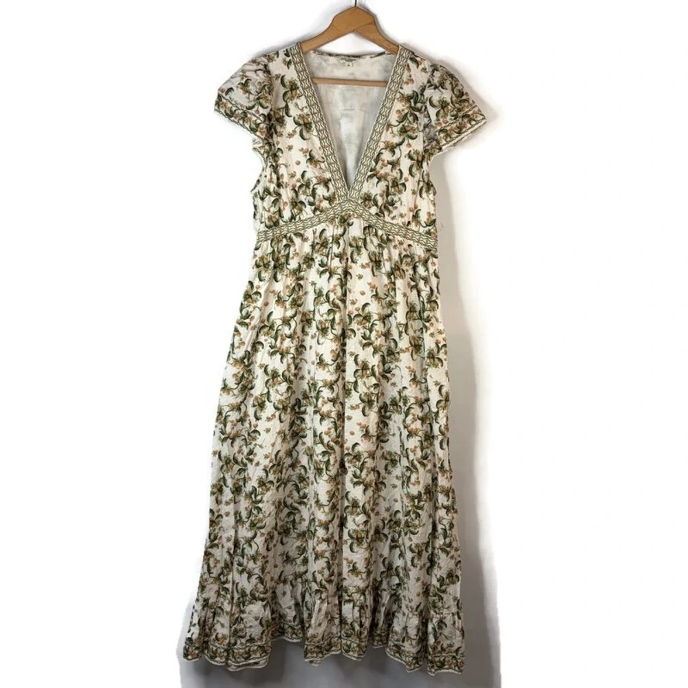 Max Studio London Maxi Dress Women XL Cream Floral V-Neck Flutter Sleeve Pockets